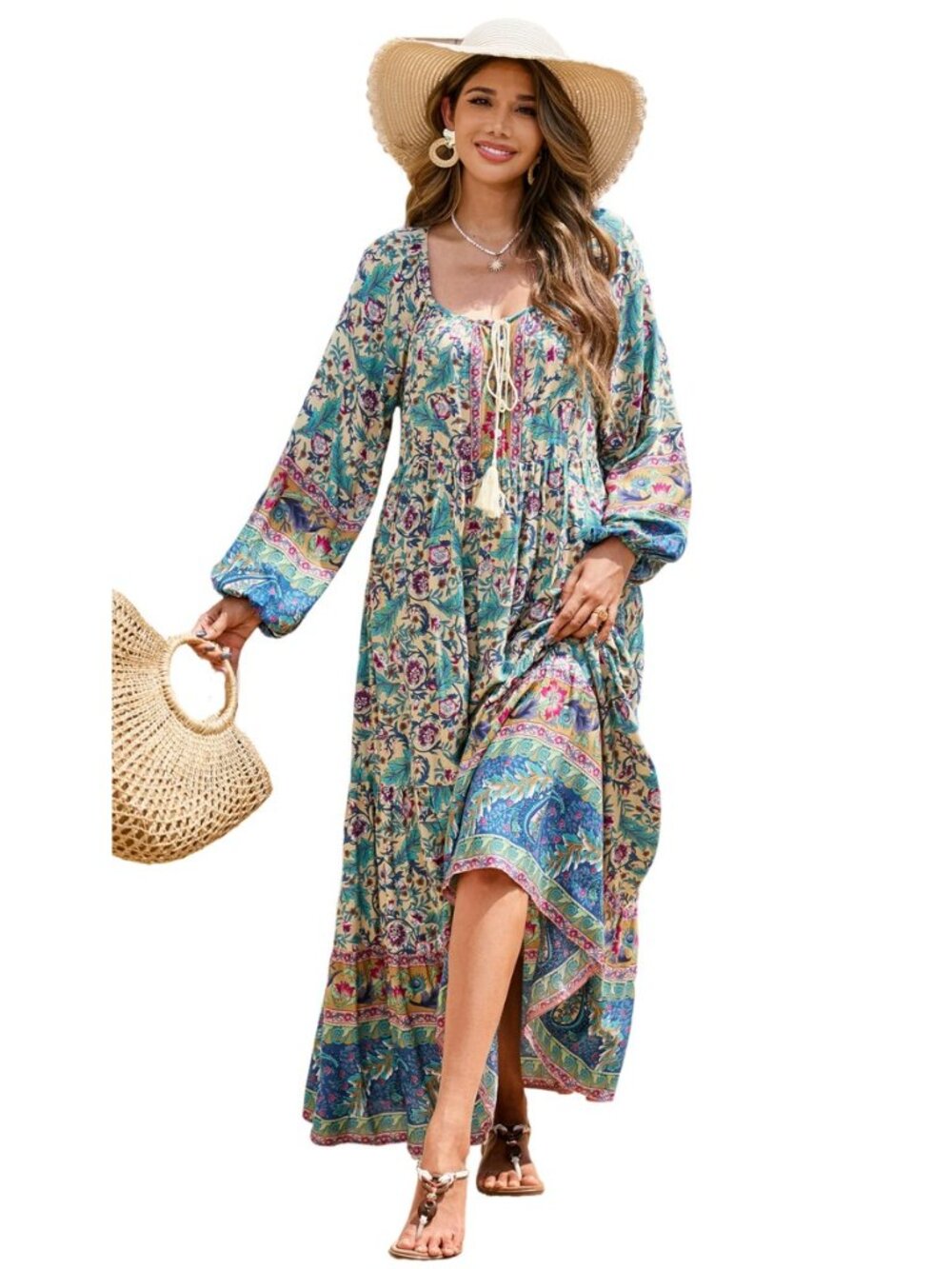 Women's Boho Floral Button Up Loose Maxi Dress